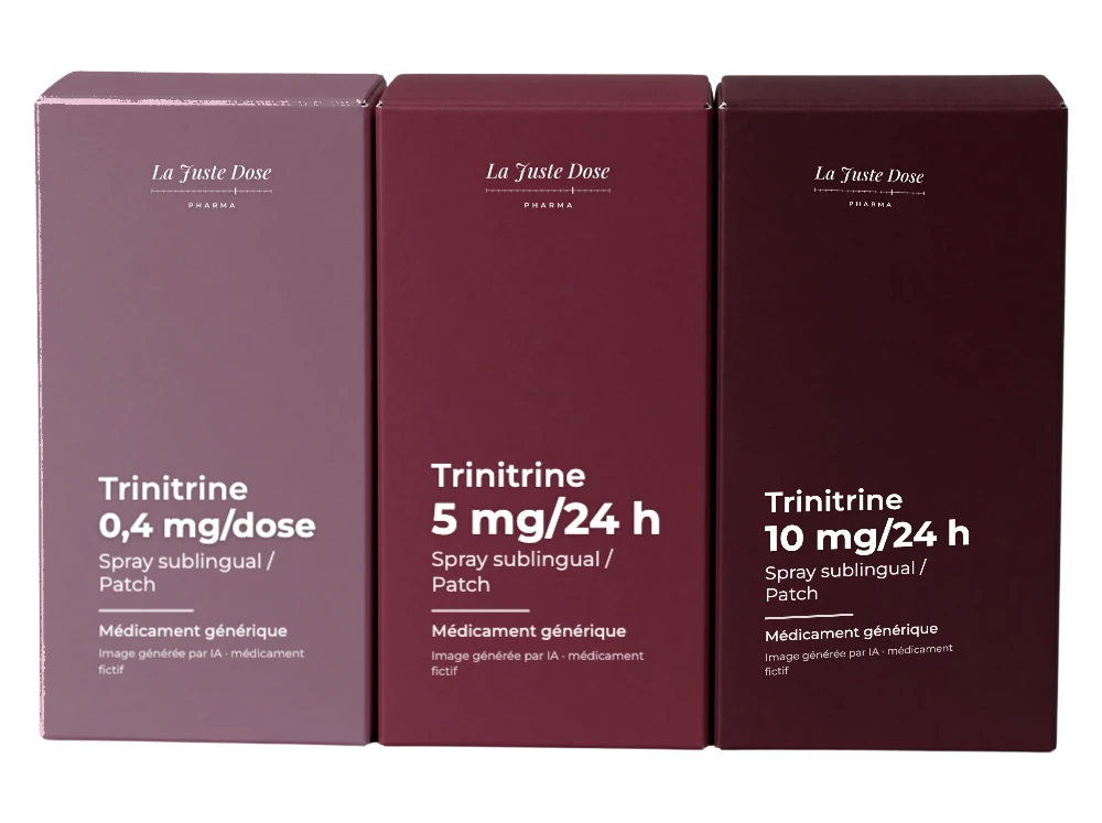 Boîte illustrative de Trinitrine, médicament générique fictif aux couleurs de La Juste Dose. Image générée par IA.