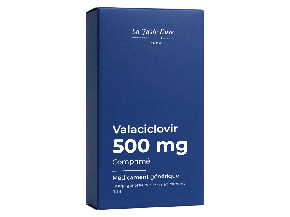 Boîte illustrative de Valaciclovir, médicament générique fictif aux couleurs de La Juste Dose. Image générée par IA.