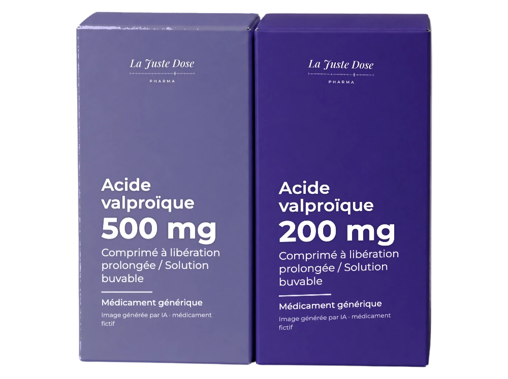 Boîte illustrative de Acide valproïque, médicament générique fictif aux couleurs de La Juste Dose. Image générée par IA.