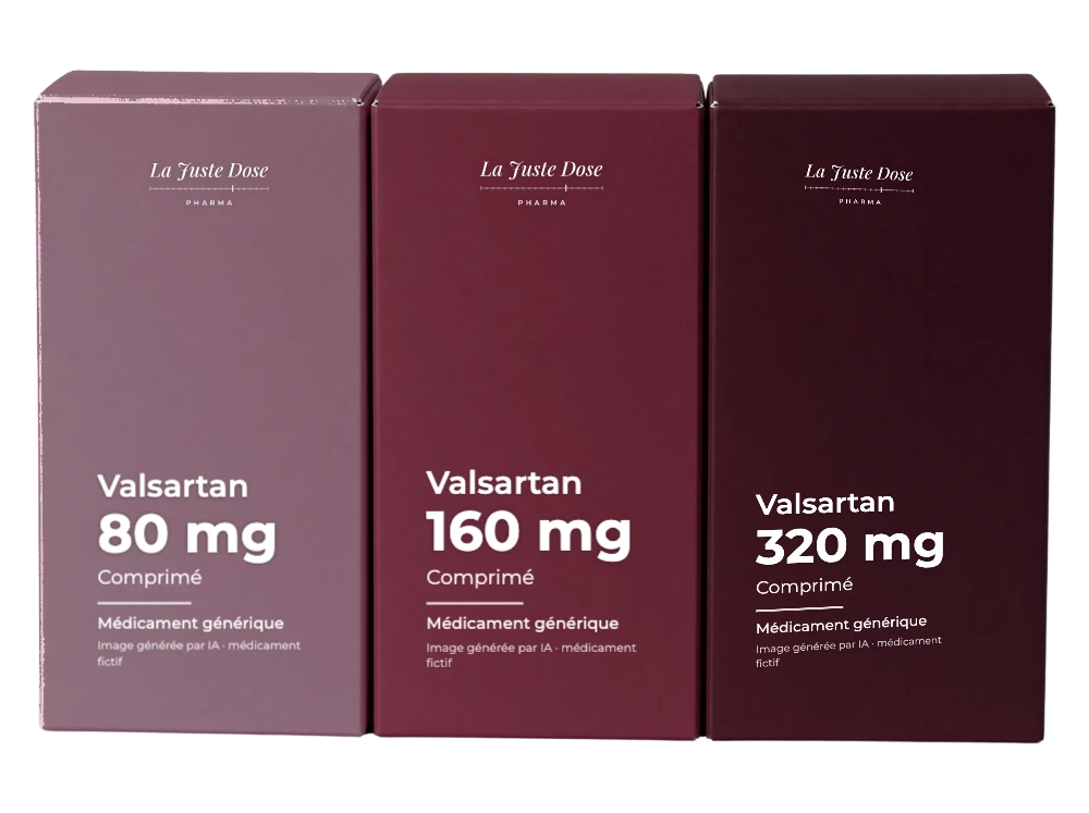Boîte illustrative de Valsartan, médicament générique fictif aux couleurs de La Juste Dose. Image générée par IA.