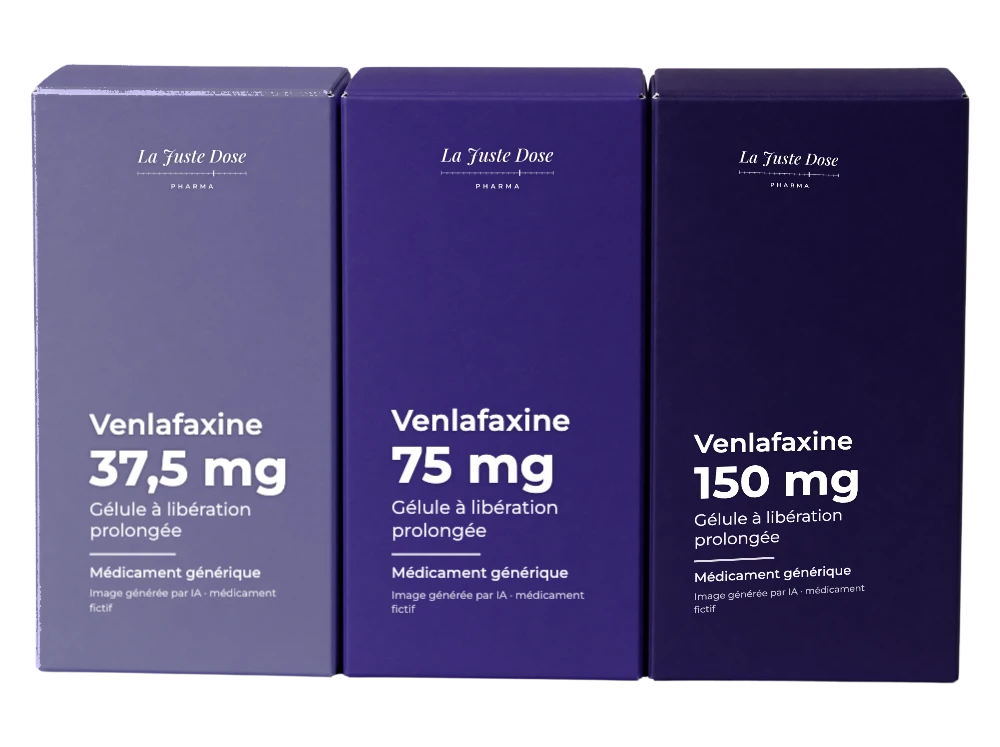 Boîte illustrative de Venlafaxine, médicament générique fictif aux couleurs de La Juste Dose. Image générée par IA.