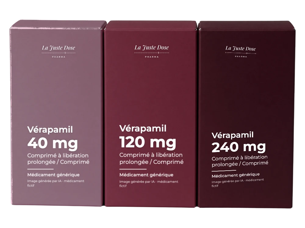 Boîte illustrative de Vérapamil, médicament générique fictif aux couleurs de La Juste Dose. Image générée par IA.