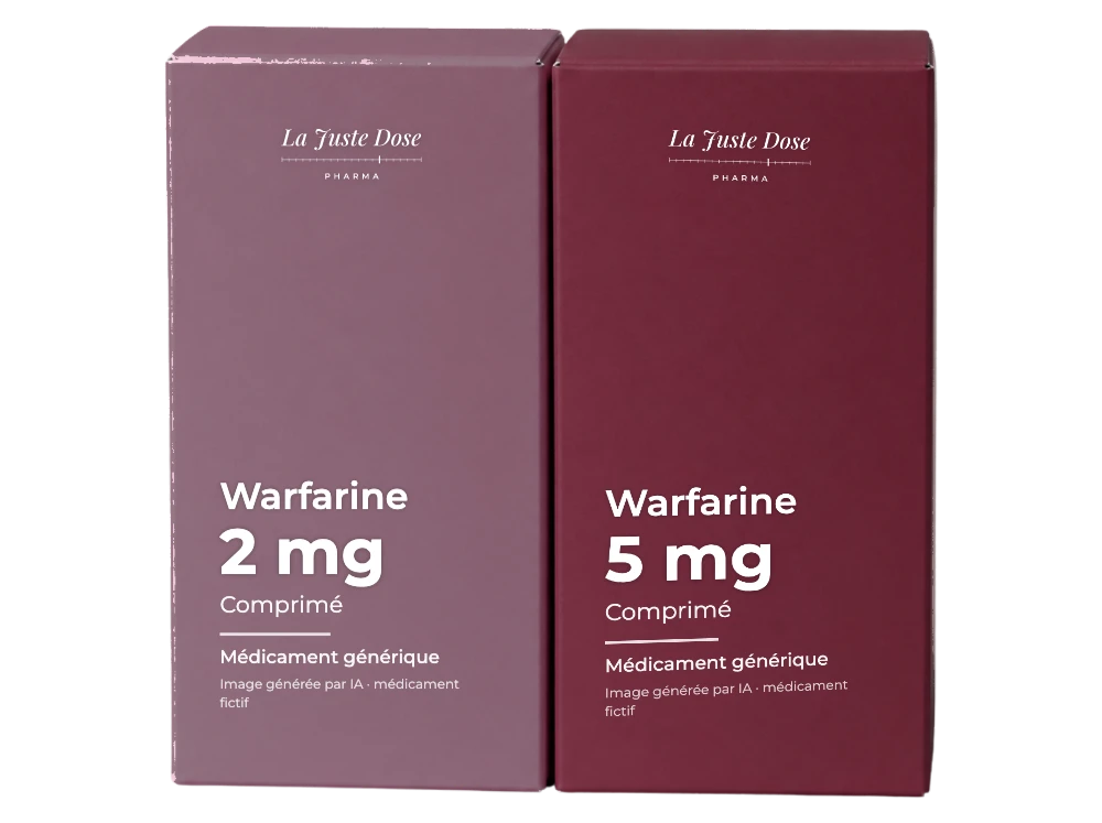 Boîte illustrative de Warfarine, médicament générique fictif aux couleurs de La Juste Dose. Image générée par IA.