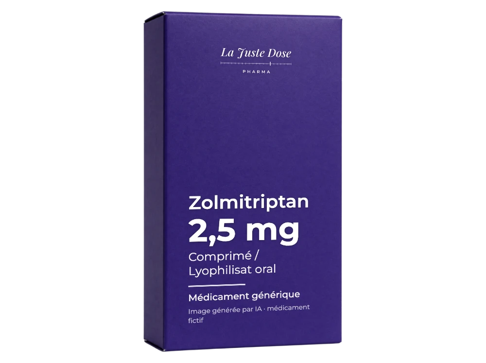 Boîte illustrative de Zolmitriptan, médicament générique fictif aux couleurs de La Juste Dose. Image générée par IA.