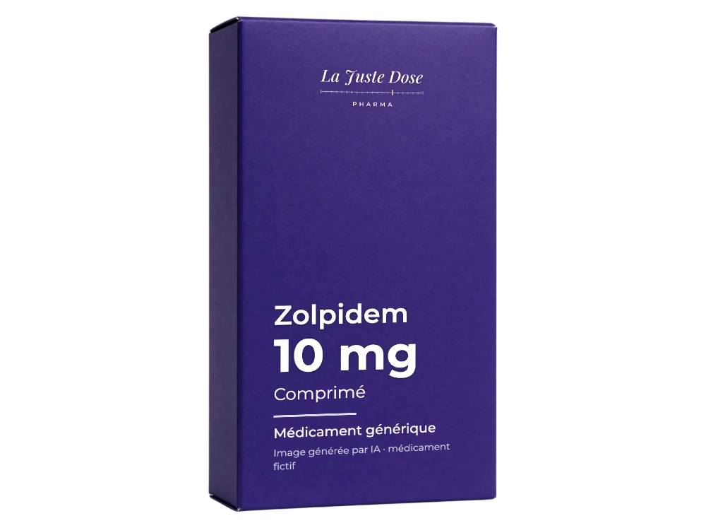 Boîte illustrative de Zolpidem, médicament générique fictif aux couleurs de La Juste Dose. Image générée par IA.