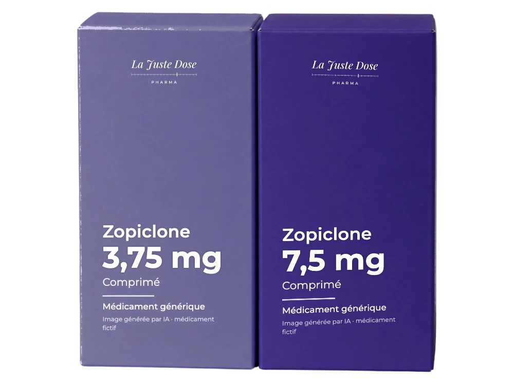 Boîte illustrative de Zopiclone, médicament générique fictif aux couleurs de La Juste Dose. Image générée par IA.