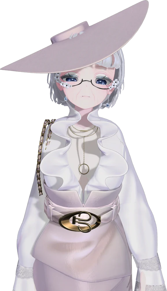 Madame Gribouillis, personnage fictif de patiente âgée élégante, grand chapeau et lunettes, l’air digne