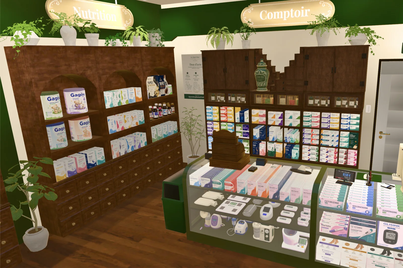 Vue intérieure de la pharmacie virtuelle en 3D : meubles d’apothicaire en bois sombre, rayon nutrition, comptoir garni de boîtes de médicaments aux marques fictives, plantes vertes et enseignes suspendues