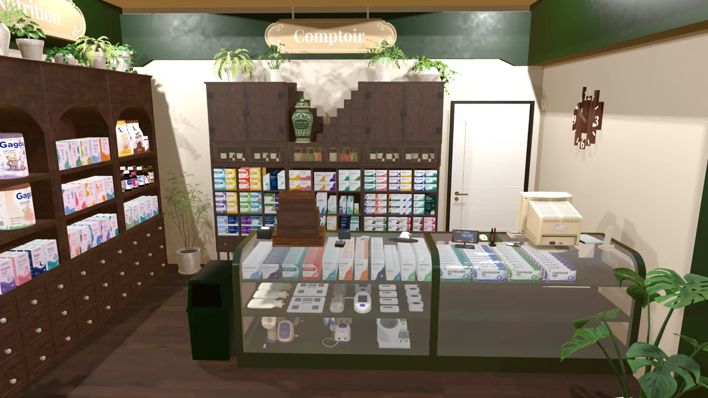 Le comptoir de l’officine 3D : vitrine de matériel médical, caisse, meuble d’apothicaire à tiroirs