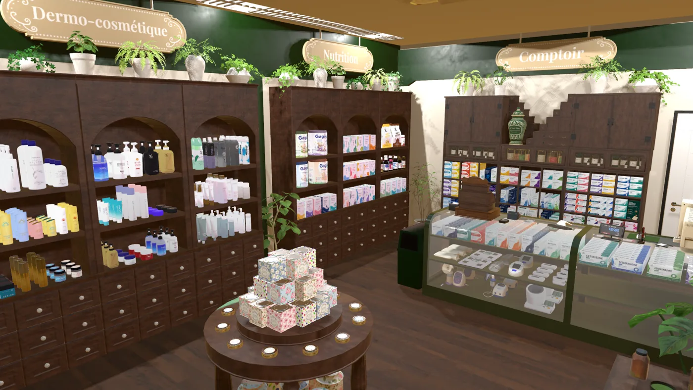 Le rayon dermo-cosmétique : soins de la peau et du corps alignés sur des étagères claires